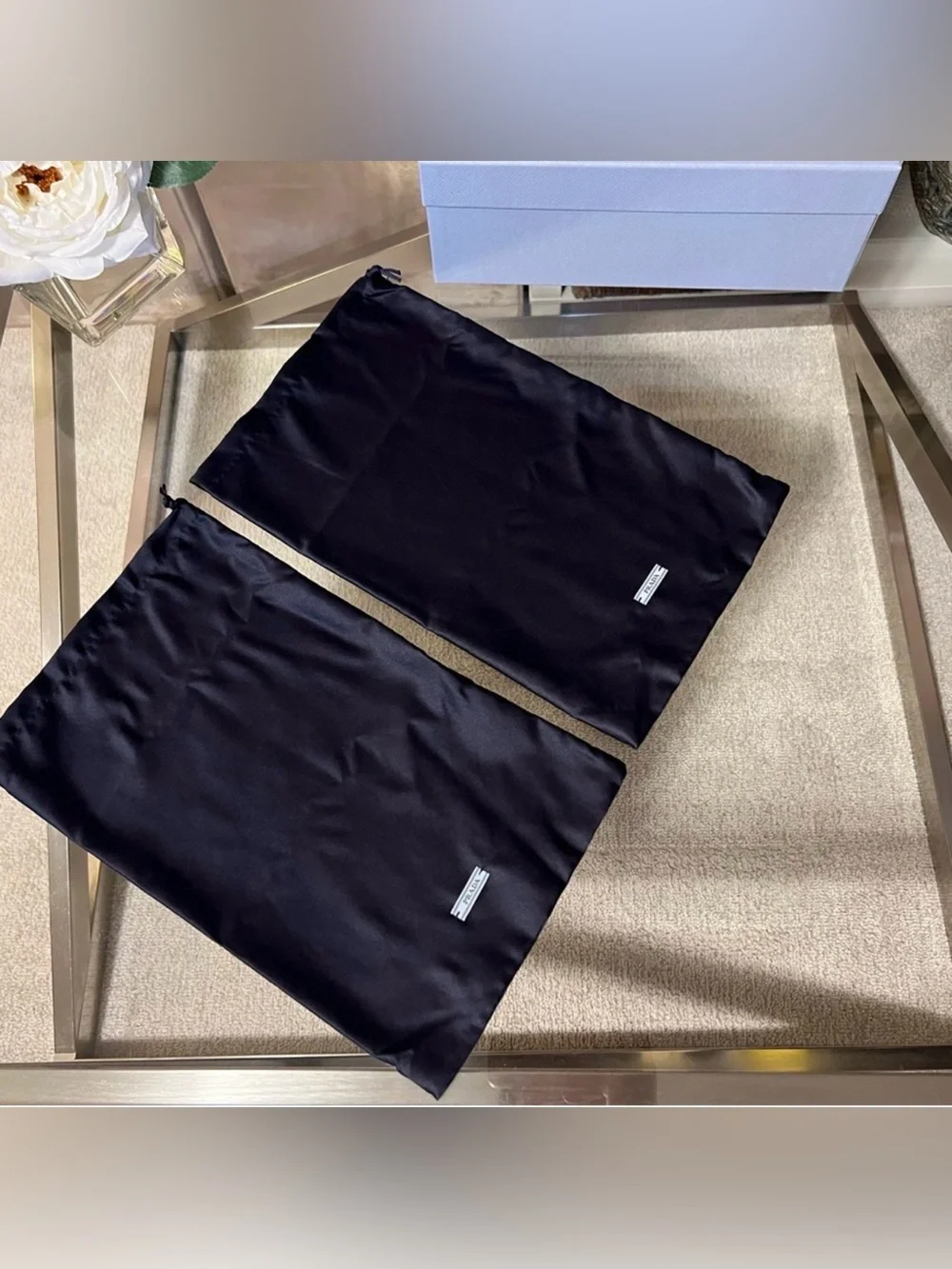 Prada Black Shoe Dust Bags with Light Blue Box